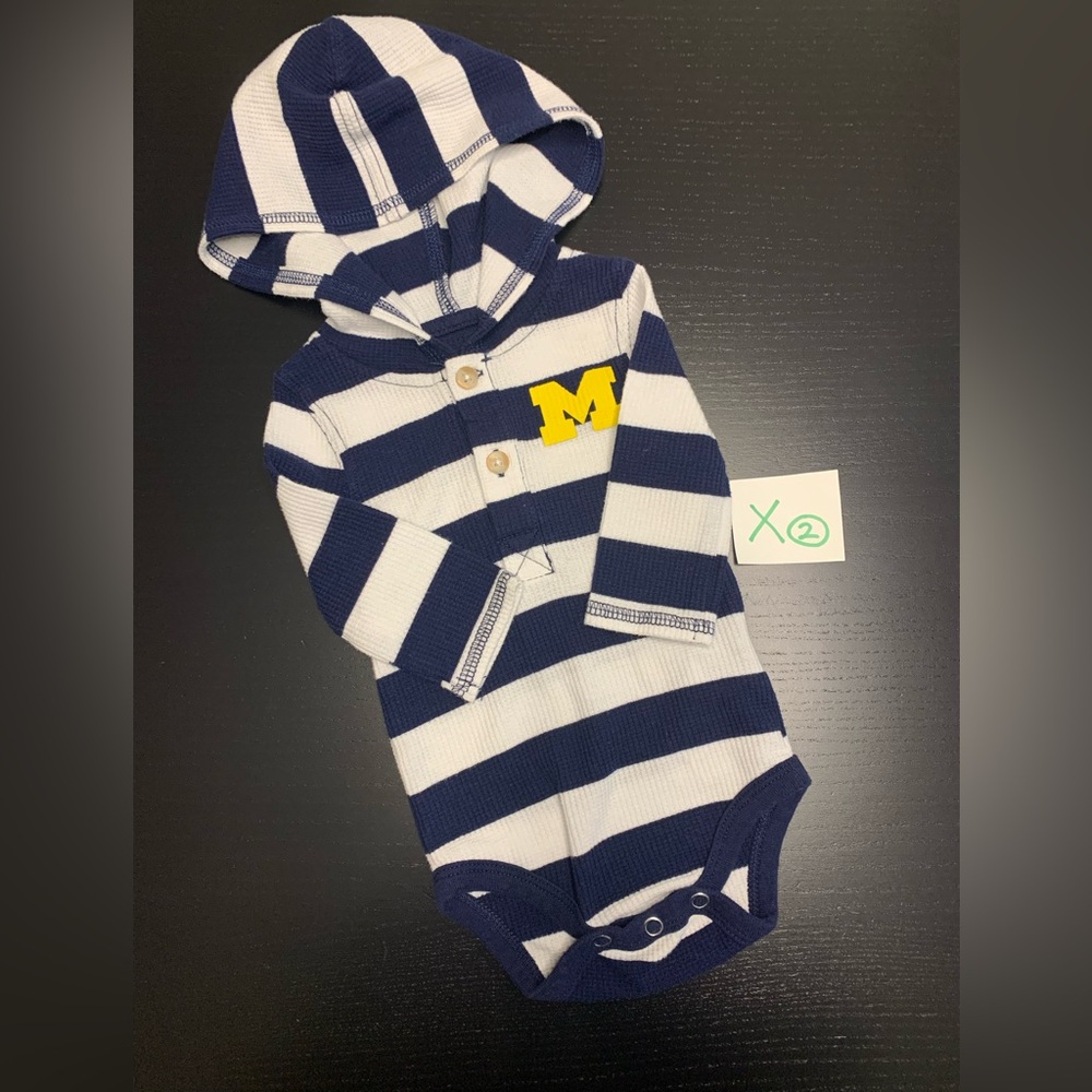 ⭐️2/$5.00⭐️ Navy 0-3m Striped Onesie with Yellow M Logo